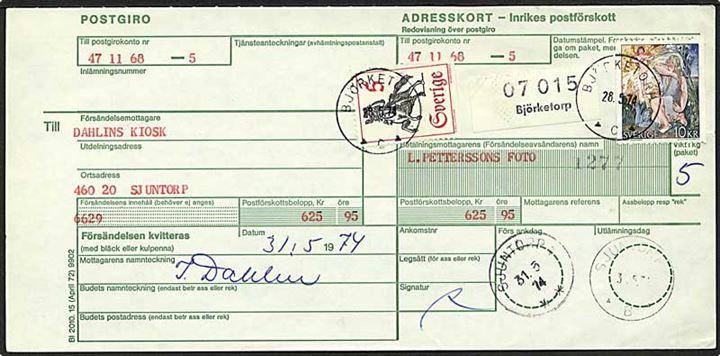 10 kr. og 5 öre på indenrigs postopkrævning stemplet Björketorp d. 28.5.1974 til Sjuntorp.