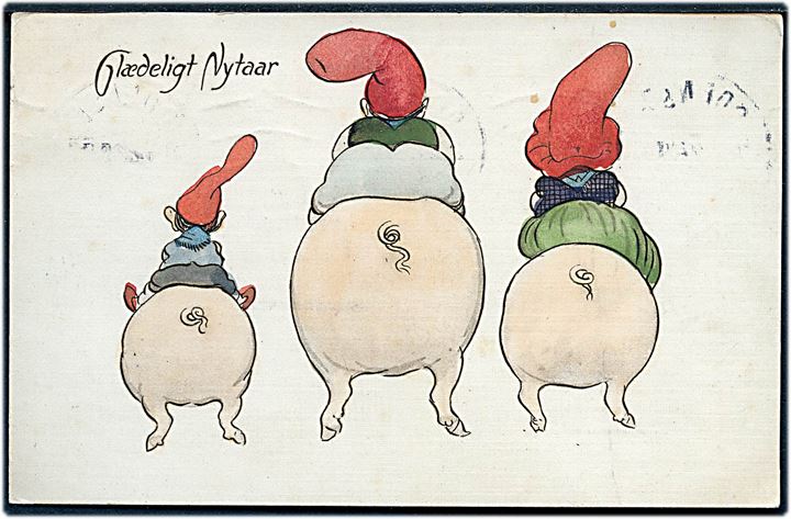 Nytårskort med 3 nisser der ridder på grise. Tegnet af Alfred Schmidt. Stenders u/no.