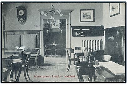 Videbæk. Interiør fra Hotel Westergaard. C.J.C. 159. Kortet med 5 øre Fr. VIII og julemærke 1908, annulleret med Videbæk stjernestempel. 