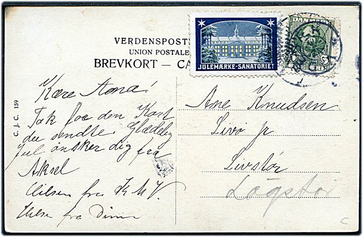 Videbæk. Interiør fra Hotel Westergaard. C.J.C. 159. Kortet med 5 øre Fr. VIII og julemærke 1908, annulleret med Videbæk stjernestempel. 