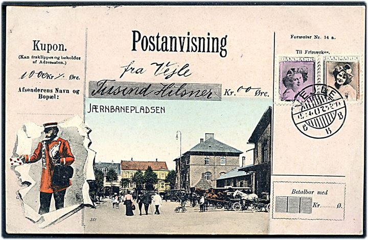 Vejle. Postanvisning med motiv fra Jernbanepladsen og postbud. A. Vincent no. 551.