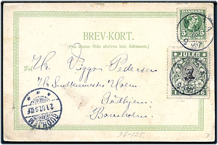 Hilsen fra Asaa. K.L. Jelstrup forlag u/no. Kortet brugt med 5 øre Chr. d. IX og julemærke 1906. Begge stemplet med Asaa lap IIb.
