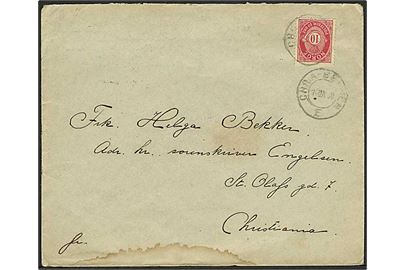10 øre Posthorn på brev annulleret med sejlende bureaustempel Chr.A - Bergen E d. 10.9.1904 til Christiania. Skjold.