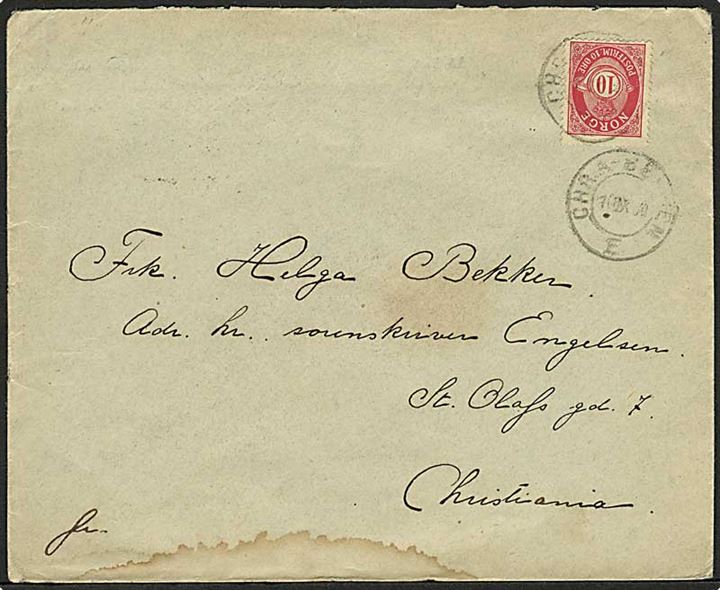 10 øre Posthorn på brev annulleret med sejlende bureaustempel Chr.A - Bergen E d. 10.9.1904 til Christiania. Skjold.