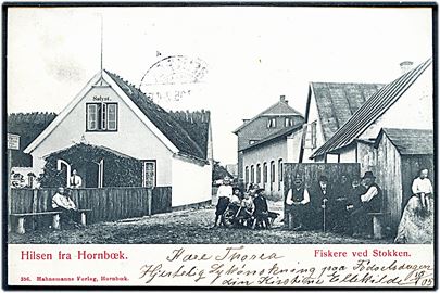 Hilsen fra Hornbæk. Fiskere ved stokken. Hahnemann no. 356. Frankeret med 5 øre våbentype, annulleret med Stjernestempel Hornbæk.