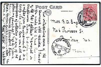 1d Edward VII på brevkort fra Bournmouth d. 24.7.1910 via Sea Post Office B Bombay-Aden d. 31.7.1910 til Bombay, Indien. Befordret med S/S Salsette.