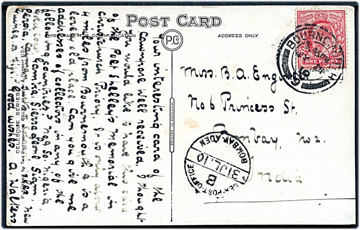 1d Edward VII på brevkort fra Bournmouth d. 24.7.1910 via Sea Post Office B Bombay-Aden d. 31.7.1910 til Bombay, Indien. Befordret med S/S Salsette.