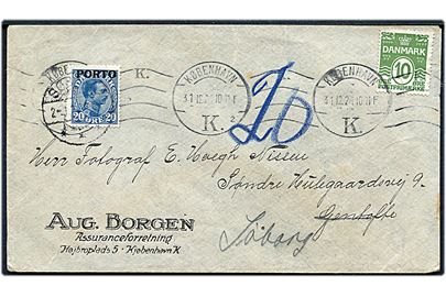 10 øre Bølgelinie på underfrankeret brev fra København 31.12.1921 til Gentofte - omadresseret til Søborg og udtakseret i porto med 20 øre Porto-provisorium stamplet Søborg d. 2.1.1922.