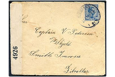20 øre Chr. X single på brev fra Kjøbenhavn ca. 1916 til kaptajn Pedersen ombord på S/S Skjold i Gibraltar. Åbnet af britisk censur no. 4926. God destination.