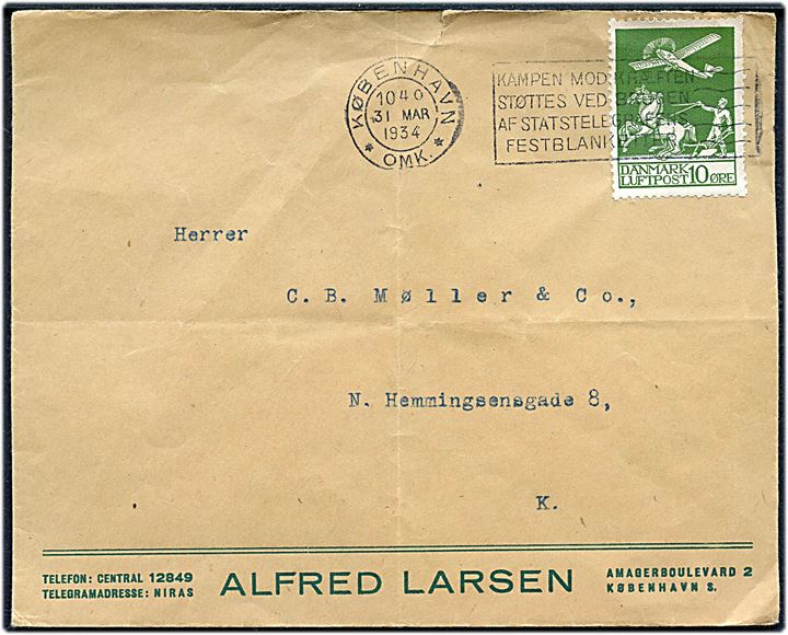10 øre Luftpost single på lokalbrev i København d. 31.3.1934. Folder.