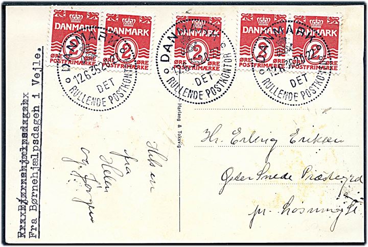 2 øre Bølgelinie (5) på brevkort annulleret med særstempel Danmark * Det rullende Postkontor d. 12.6.1936 til Løsning. Det rullende postkontor var opstillet i Vejle d. 12.6.1936 i forbindelse med Børnehjælpsdagen.