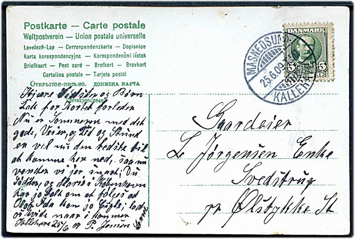 5 øre Fr. VIII på brevkort annulleret med bureaustempel Masnedsund - Kallehave T.5 d. 25.6.1909 til Ølstykke.