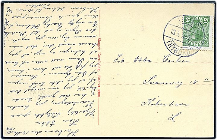 5 øre Chr. X på brevkort fra Harboøre annulleret med bureaustempel Vemb - Thyborøn T.9 d. 13.3.1916 til København.