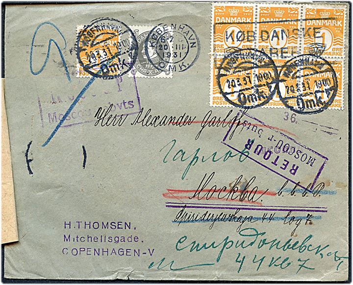 1 øre Bølgelinie i 6-blok og single, samt 8 øre Chr. X 60 år på brev fra København d. 20.3.1931 til Moskva, Rusland. Ubekendt og forespurgt i Moskva med etiket og flere stempler.