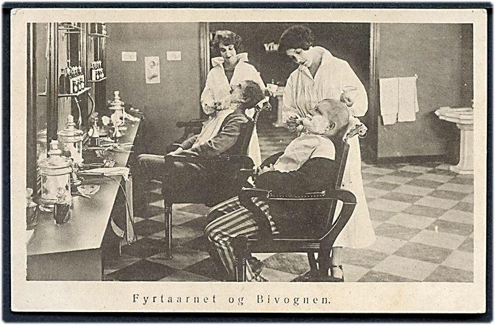 Fyrtaarnet og Bivognen. På barbersalon. A. Vincent no. 568.