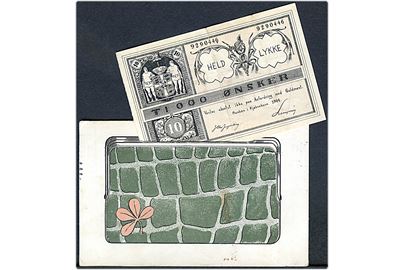 Pengepung med indlagt Ti 000 Ønsker seddel. Brev-postkort sendt fra Kjøbenhavn d. 13.7.1908 til Skelskør, frankeret med 2 stk 5 øre Fr. D. VIII. U/no.