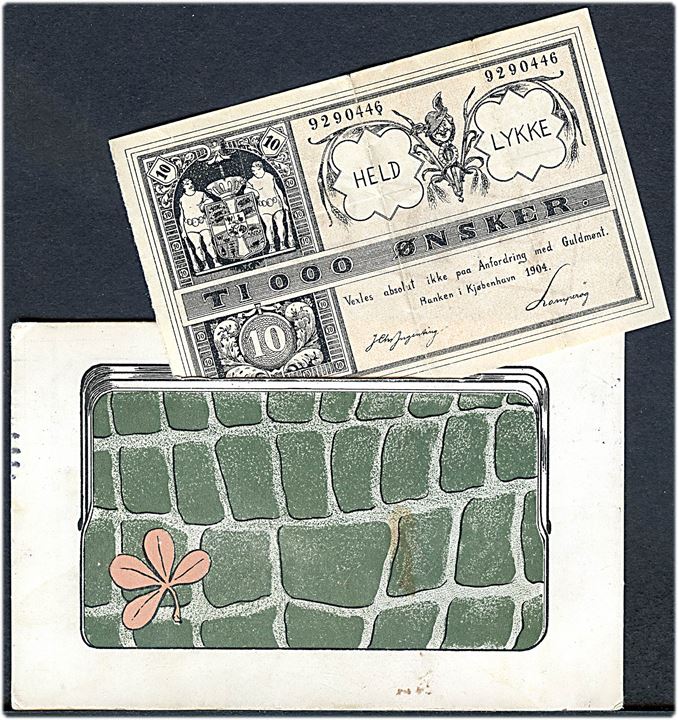Pengepung med indlagt Ti 000 Ønsker seddel. Brev-postkort sendt fra Kjøbenhavn d. 13.7.1908 til Skelskør, frankeret med 2 stk 5 øre Fr. D. VIII. U/no.