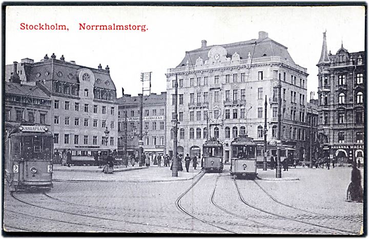 Stockholm, Norrmalmtorg med mange sporvogne. Nielssons u/no.