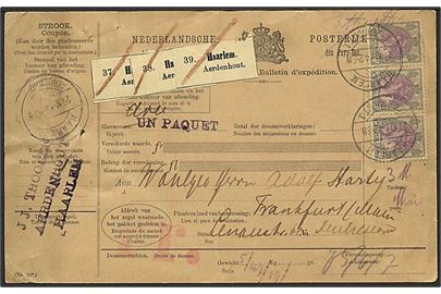 50 c. Wilhelmina i 3-stribe på internationalt adressekort for 3 pakker fra Haarlem d. 27.10.1914 via Emmerich til Frankfurt, Tyskland.