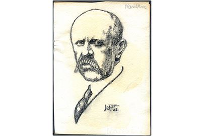 Fridtjof Nansen (1861-1930), norsk polarfarer, opdagelsesrejsende, diplomat og videnskabsmand. Original kultegning signeret og dateret 1922. 16½x23 cm.