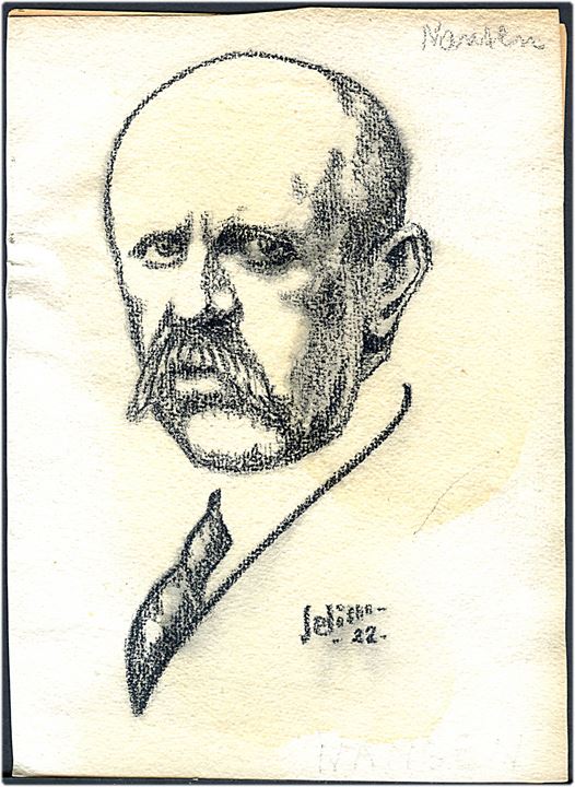 Fridtjof Nansen (1861-1930), norsk polarfarer, opdagelsesrejsende, diplomat og videnskabsmand. Original kultegning signeret og dateret 1922. 16½x23 cm.