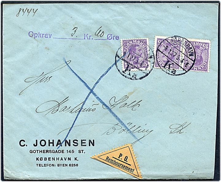 15 øre Chr. X (3) på 45 øre frankeret brev med postopkrævning fra København d. 9.1.1927 til Bølling. Et mærke med rundt hj.