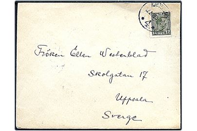 12 øre Chr. X single på brev fra Kjøbenhavn d. 12.2.1919 til Uppsala, Sverige.