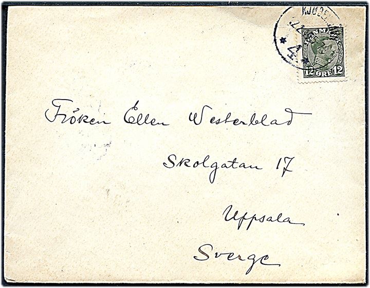 12 øre Chr. X single på brev fra Kjøbenhavn d. 12.2.1919 til Uppsala, Sverige.