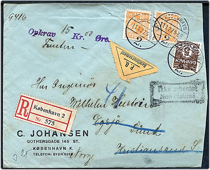 5 øre Bølgelinie og 40 øre Chr. X (2) på 85 øre frankeret anbefalet brev med postopkrævning fra København d. 11.1.1927 til Lund, Sverige. Retur med 2-sproget returstempel Ikke avhentat.