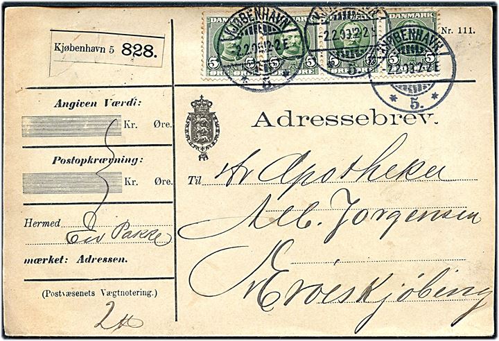 5 øre Fr. VIII i vandret 4-stribe på adressebrev for pakke fra Kjøbenhavn *5.* d. 2.2.1909 til Ærøskøbing.