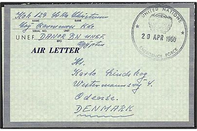 Ufrankeret UNEF Air Letter stemplet United Nations Emergency Force d. 20.4.1960 til Odense, Danmark. Fra Coy Ravnemose, Danor Bn. UNEF