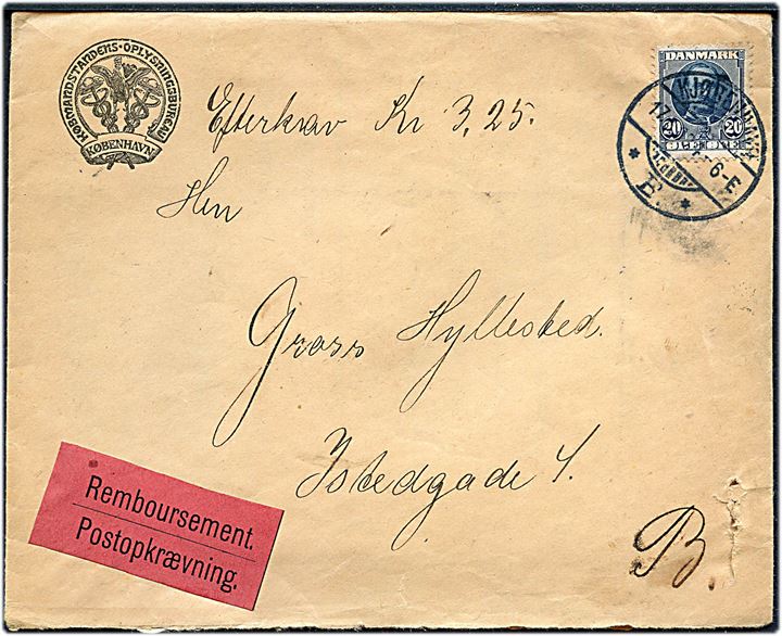 20 øre Fr. VIII single på lokalt brev med postopkrævning i Kjøbenhavn d. 17.6.1909.