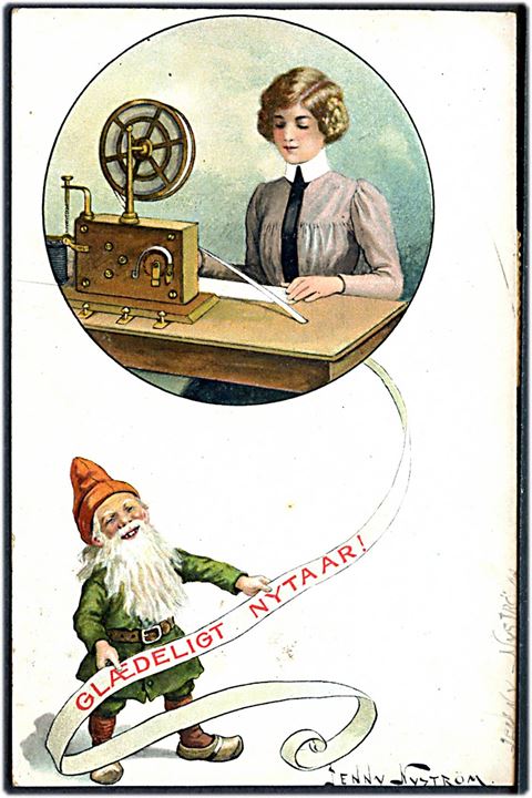 Jenny Nyström: Julekort med telegrafen og nisse. A. Vincent no. 250.