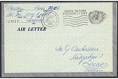 Ufrankeret UNEF Air Letter stemplet Enited Nations Emergency Force d. 20.5.1958 til Örebro, Sverige. Fra Swedish Bataillon UNEF.