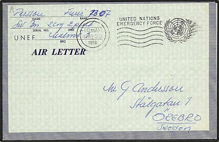 Ufrankeret UNEF Air Letter stemplet Enited Nations Emergency Force d. 20.5.1958 til Örebro, Sverige. Fra Swedish Bataillon UNEF.