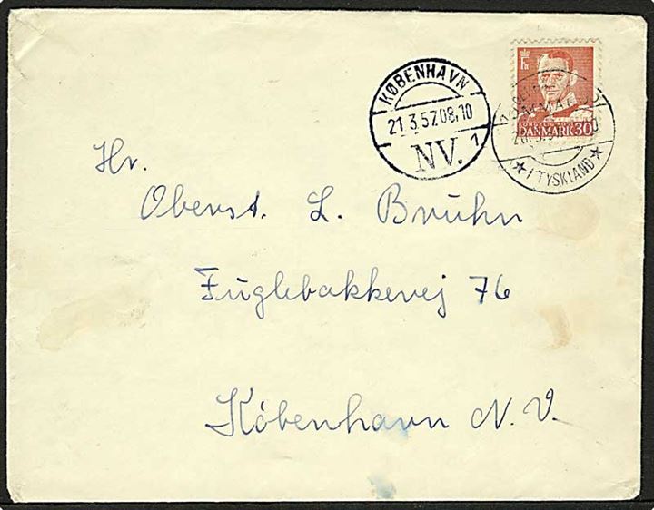 30 øre Fr. IX på brev stemplet Det danske Kommando/*i Tyskland* d. 20.3.1957 til København. Fra forlægningen i Itzehoe.