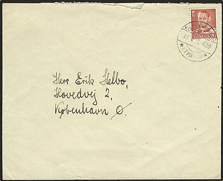 20 øre Fr. IX på brev stemplet Det danske Kommando/*i Tyskland* d. 27.4.1950 til København, Danmark.