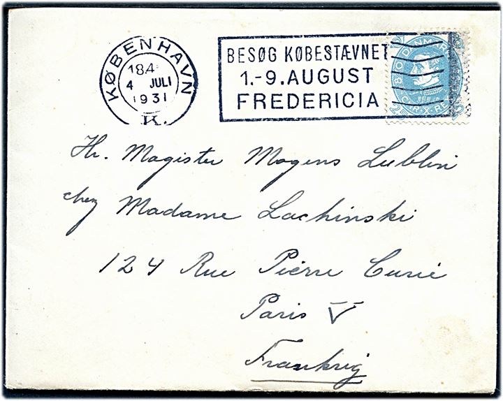 25 øre Chr. X 60 år single på brev fra København d. 4.7.1931 til magister Mogens Lublin i Paris.