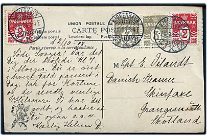 2 øre (2) og 3 øre (2) Bølgelinie på brevkort fra Kjøbenhavn d. 2.10.1908 til kaptajn ombord på S/S Skinfaxe i Grangemouth, Scotland.
