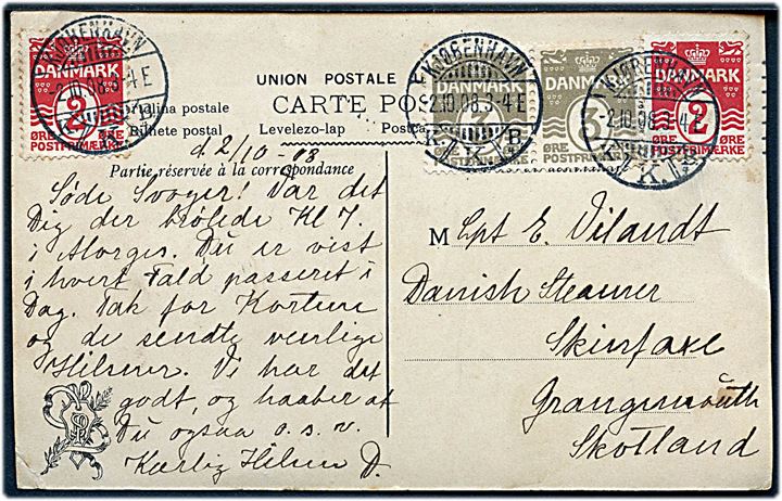 2 øre (2) og 3 øre (2) Bølgelinie på brevkort fra Kjøbenhavn d. 2.10.1908 til kaptajn ombord på S/S Skinfaxe i Grangemouth, Scotland.
