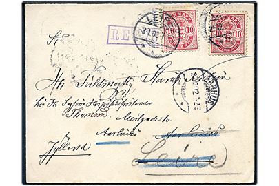 10 øre Våben på brev fra Leire d. 26.12.1902 til Aarhus. Retur med stempel Ubekjendt i Aarhus uden Angivelse af Bopæl. Opfrankeret med 10 øre Våben og genfremsendt fra Leire d. 3.1.1903 til Aarhus.