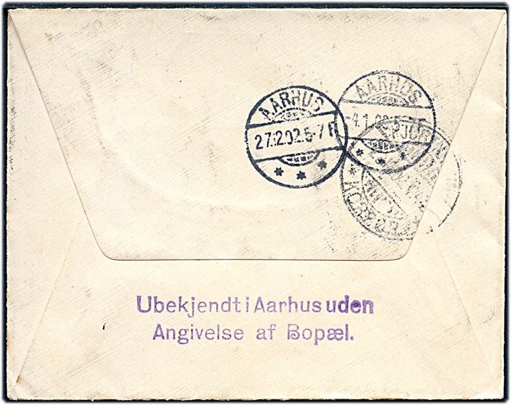 10 øre Våben på brev fra Leire d. 26.12.1902 til Aarhus. Retur med stempel Ubekjendt i Aarhus uden Angivelse af Bopæl. Opfrankeret med 10 øre Våben og genfremsendt fra Leire d. 3.1.1903 til Aarhus.