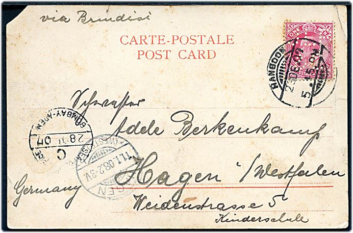 Indisk 1 Anna Edward VII med perfin JLP&Co på brevkort stemplet Rangoon d. 23.12.1907 via Sea Post Office C Bombay-Aden d. 28.12.1907 til Hagen, Tyskland. Påskrevet via Brindisi. Stempel ombord på S/S Oriental som ankom til Aden d. 1.1.1908 og Brindisi d. 8.1.1908. 
