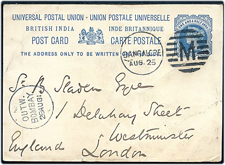 1½ anna Victoria helsagsbrevkort annulleret med duplex Bangalore / M d. 25.8.1883 via Bombay til London, England. Transit stemplet OUTW. BOMBAY d. 28.8.1883 d. 28.8.1883, samme dag som P. & O. Line dampskibet Pekin forlod Bombay mod Aden og Suez.