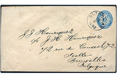 2 cents helsagskuvert stemplet St: Thomas d. 28.6.1893 til Bruxelles, Belgien. Har været opklæbet.