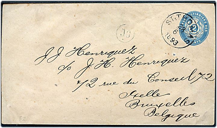 2 cents helsagskuvert stemplet St: Thomas d. 28.6.1893 til Bruxelles, Belgien. Har været opklæbet.