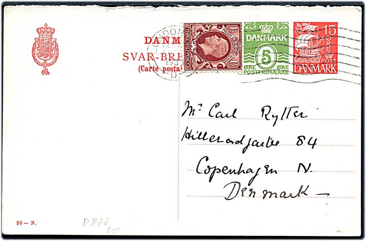 15+5 øre provisorisk svardel af dobbeltbrevkort (fabr. 98-N) opfrankeret med britisk 1½d George V fra London d. 17.8.1935 til København, Danmark.