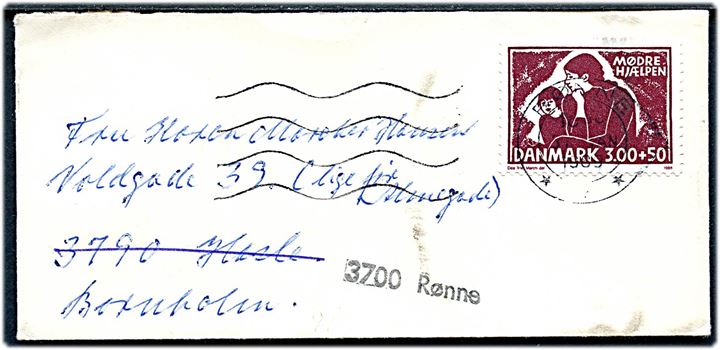 300+50 øre Mødrehjælpen på lille brev fra Rønne d. 31.1.1989 til Hasle - eftersendt til Rønne med liniestempel 3700 Rønne.