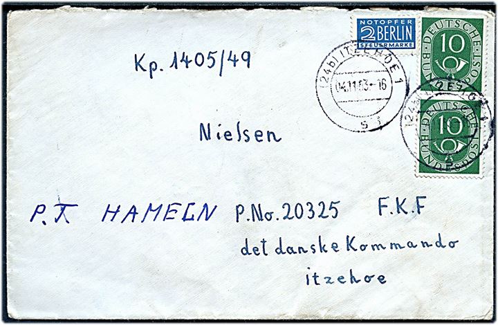 10 pfg. Ciffer i parstykke og 2 pfg. Berlin Notopfer på brev fra Itzehoe d. 4.11.1953 til soldat fra det danske Kommando i Tyskland (Itzehoe) p.t. stationeret i Hameln. Interesant brug af det tyske postvæsen.