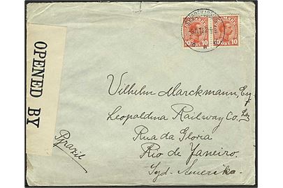 10 øre Chr. X i parstykke på brev fra Stubbekjøbing d. 9.11.1916 til Rio de Janeiro, Brasilien. Åbnet af britisk censur.